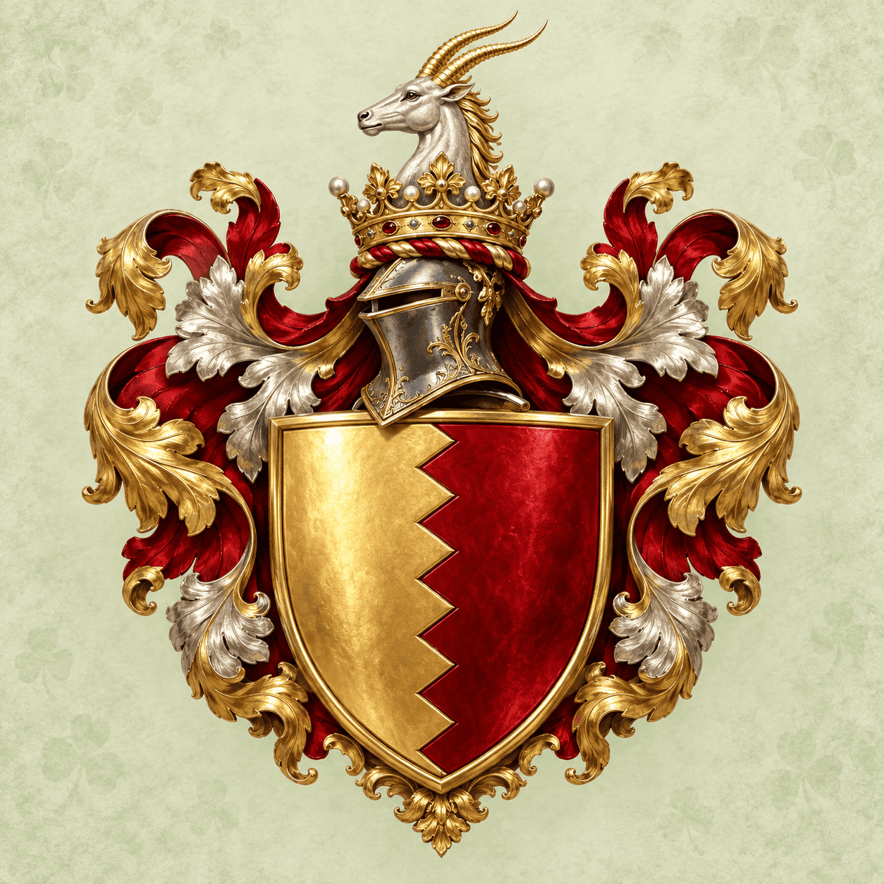 Wappen mit Krone, Helm und Ziegenkopf auf einem roten und goldenen Schild.