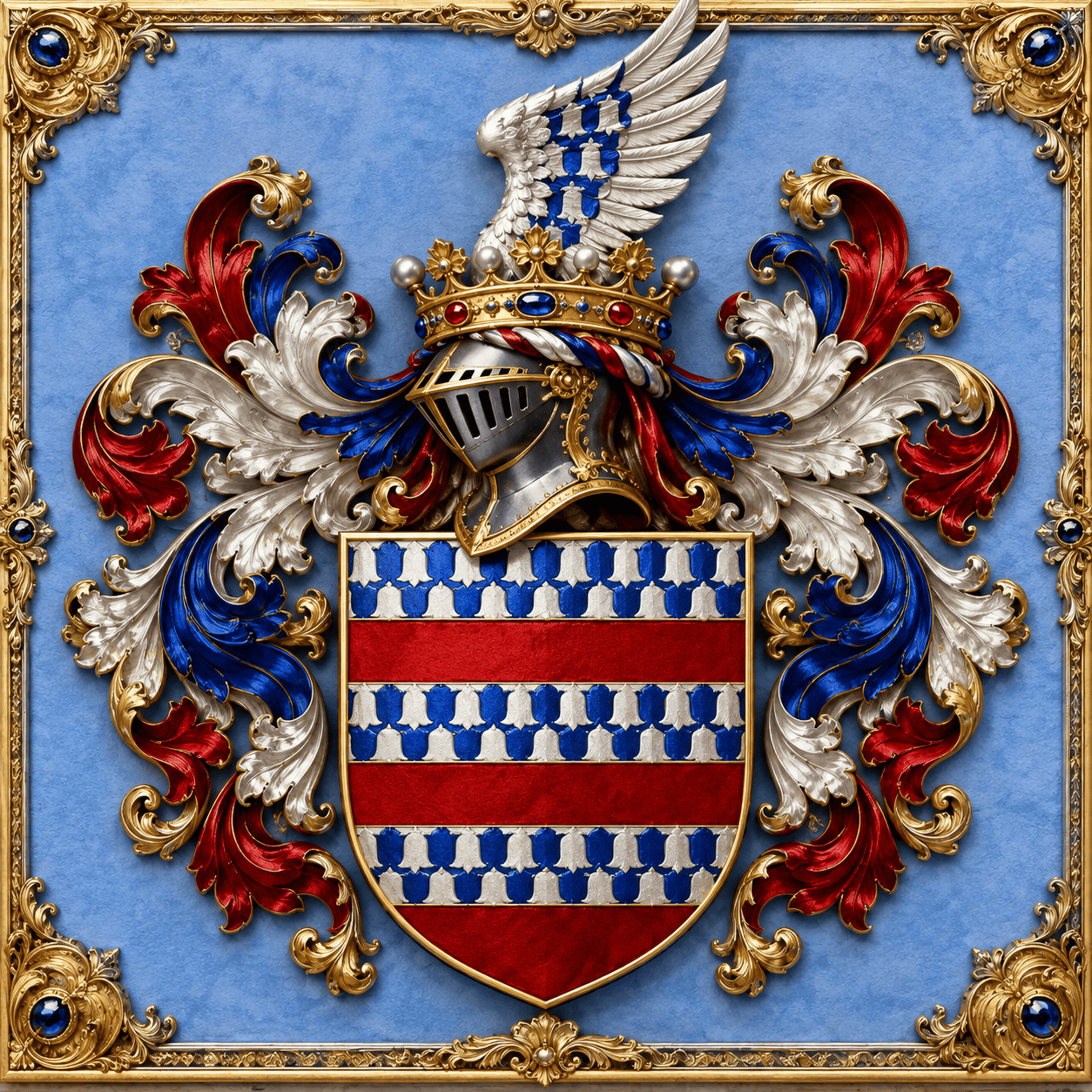 Baron de Coucy 1 Wappen des Barons de Coucy mit Helm, Krone und blau-rotem Schild