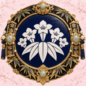 Kamakura-Emblem mit fünf Blüten auf blauem Grund, umrahmt von Ornamenten