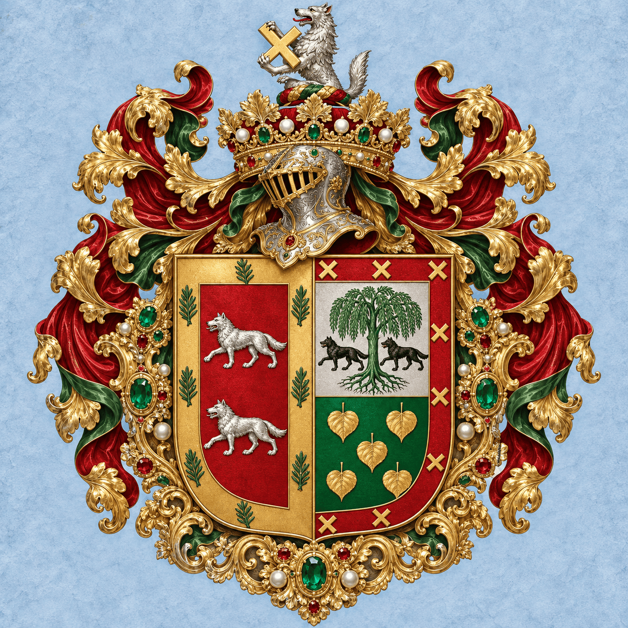 Wappen des Duque de Regla mit Wölfen und Baum