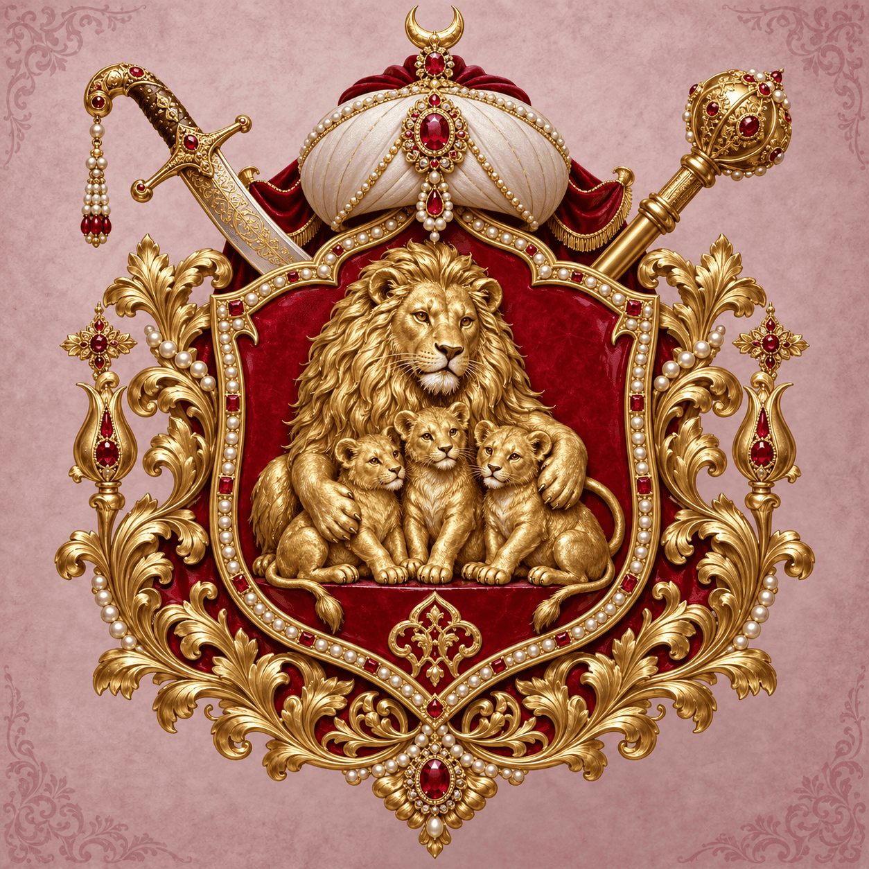 Wappen mit Löwenfamilie, Säbel und Reichsapfel, verziert mit Juwelen.
