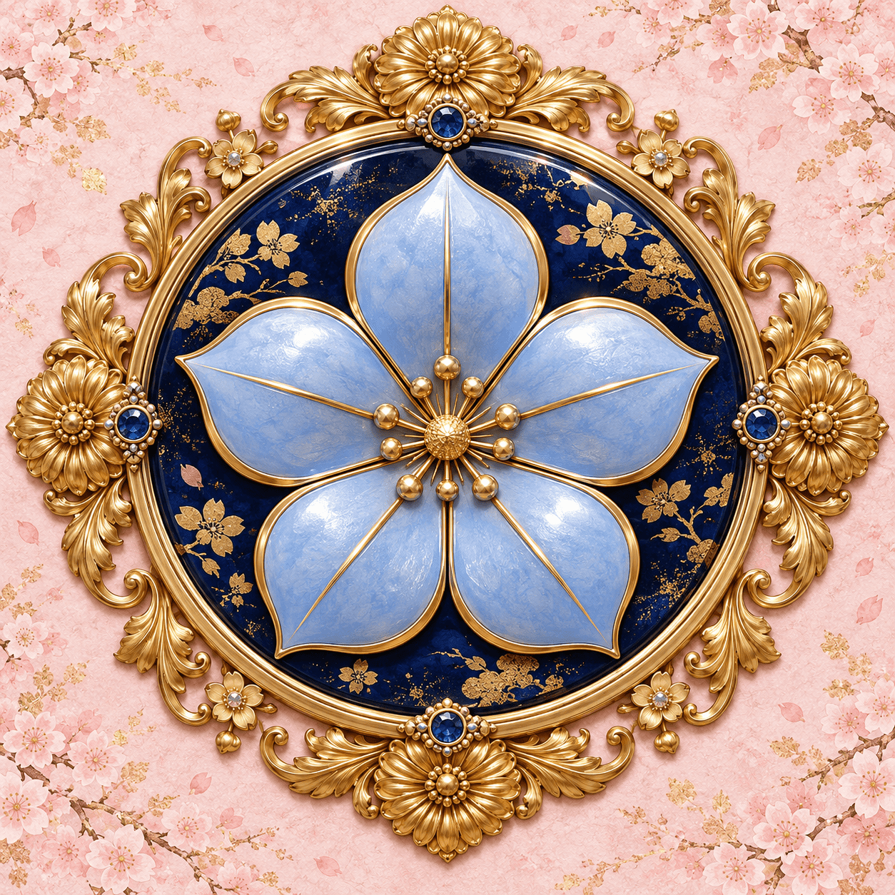 Blaues Blumenornament in goldenem Rahmen auf rosa Kirschblütenhintergrund