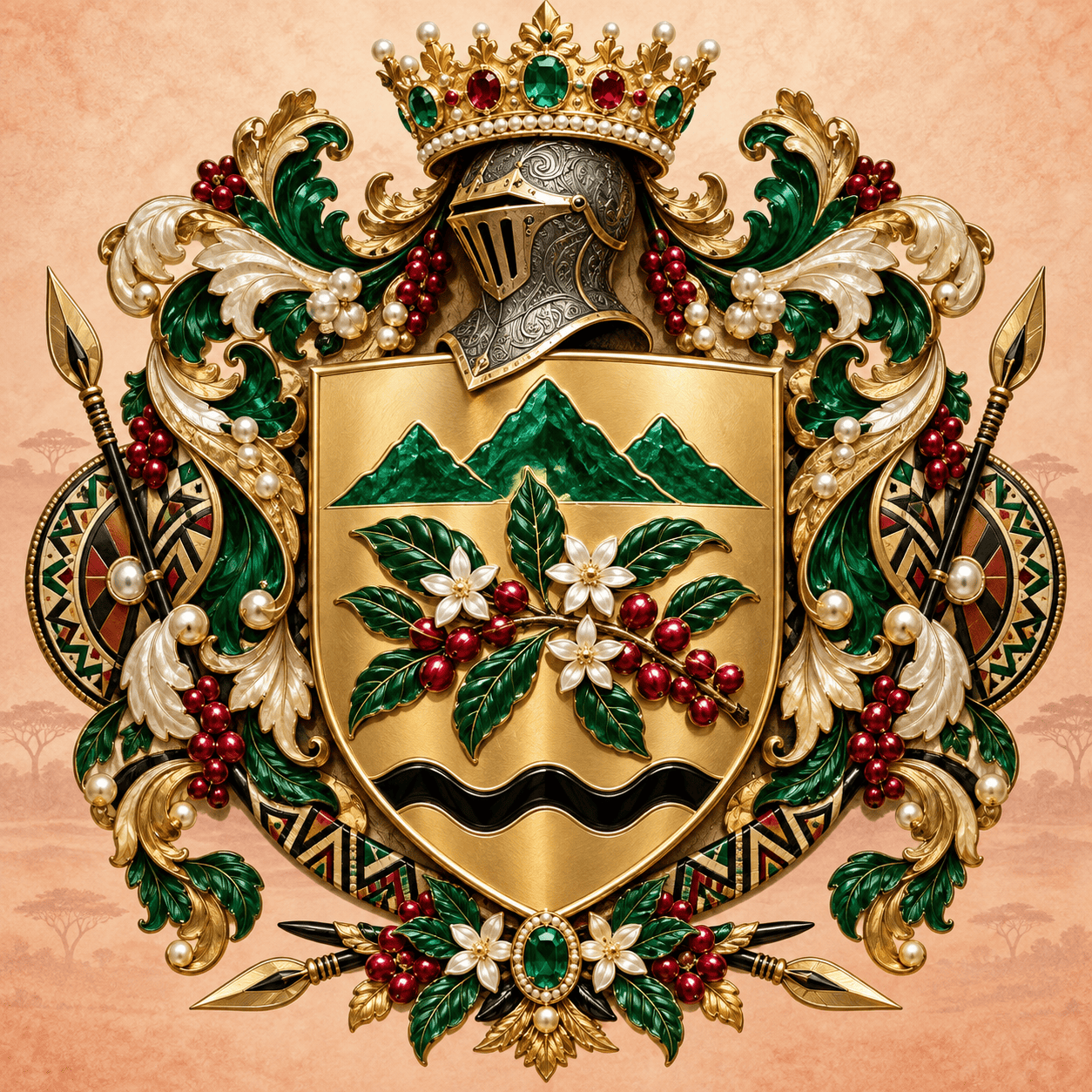 Wappen mit Kaffeezweigen, Bergen und Krone, inspiriert von Lord of Mai Mahiu.