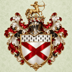 Wappen mit gekreuzten roten Balken und einem Zentaur mit Bogen auf einer Krone.