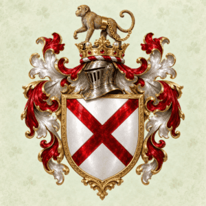 Wappen mit Affe, Helm und Kreuz