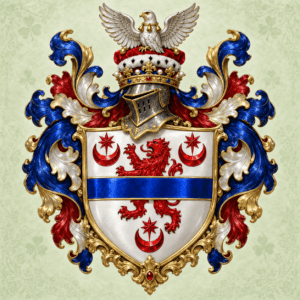 Wappen mit rotem Löwen, Krone und Adler, für Adelstitel-Kauf