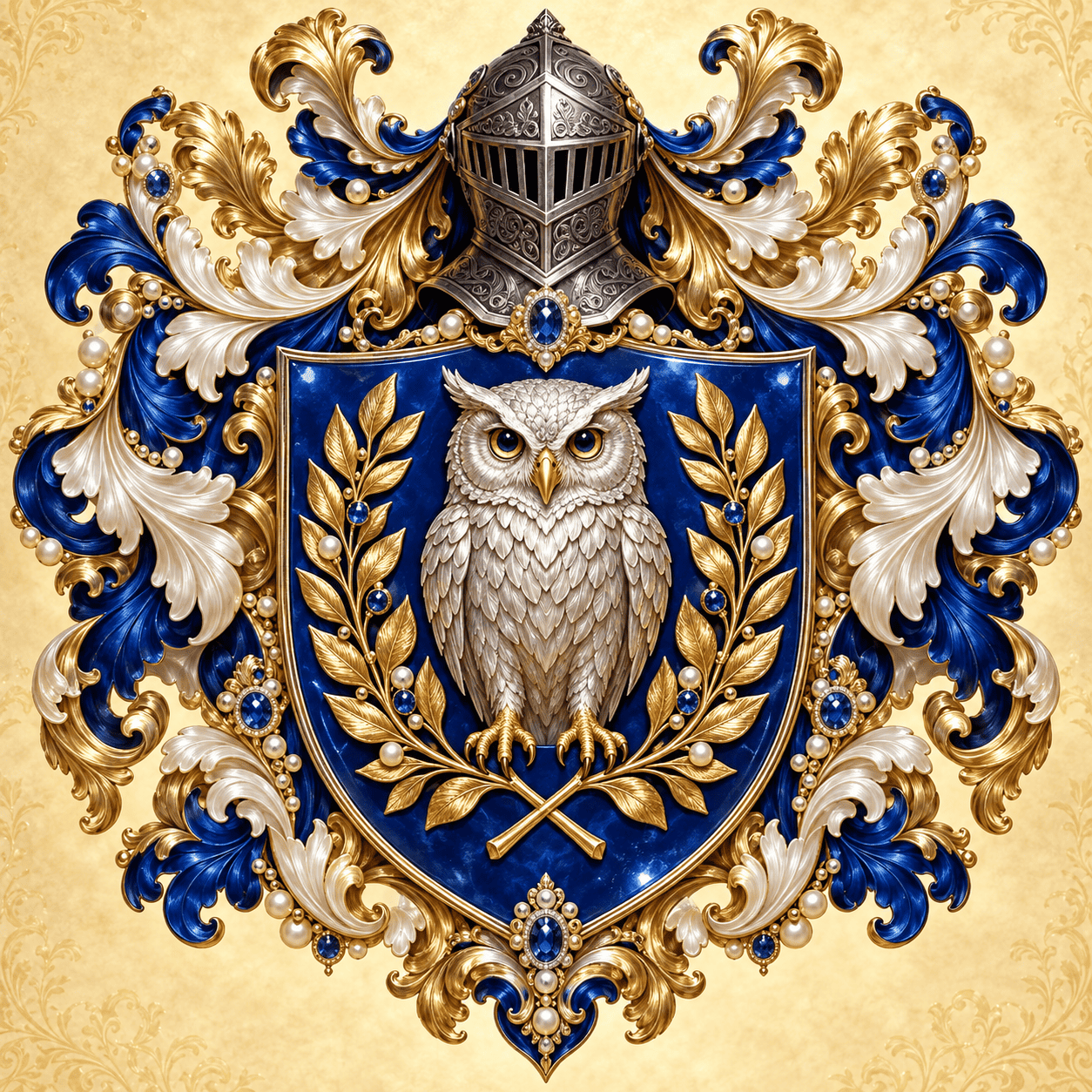 Wappen mit Eule, Ritterhelm und königlichen Verzierungen.
