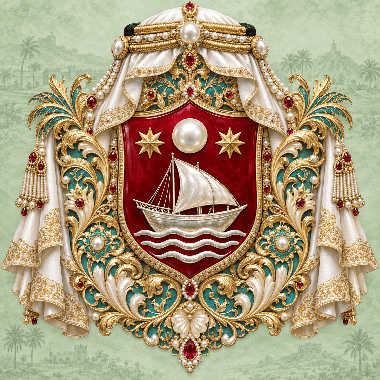 Scheich von Schardscha 1 Wappen des Scheichs von Schardscha mit Segelboot und Perle.