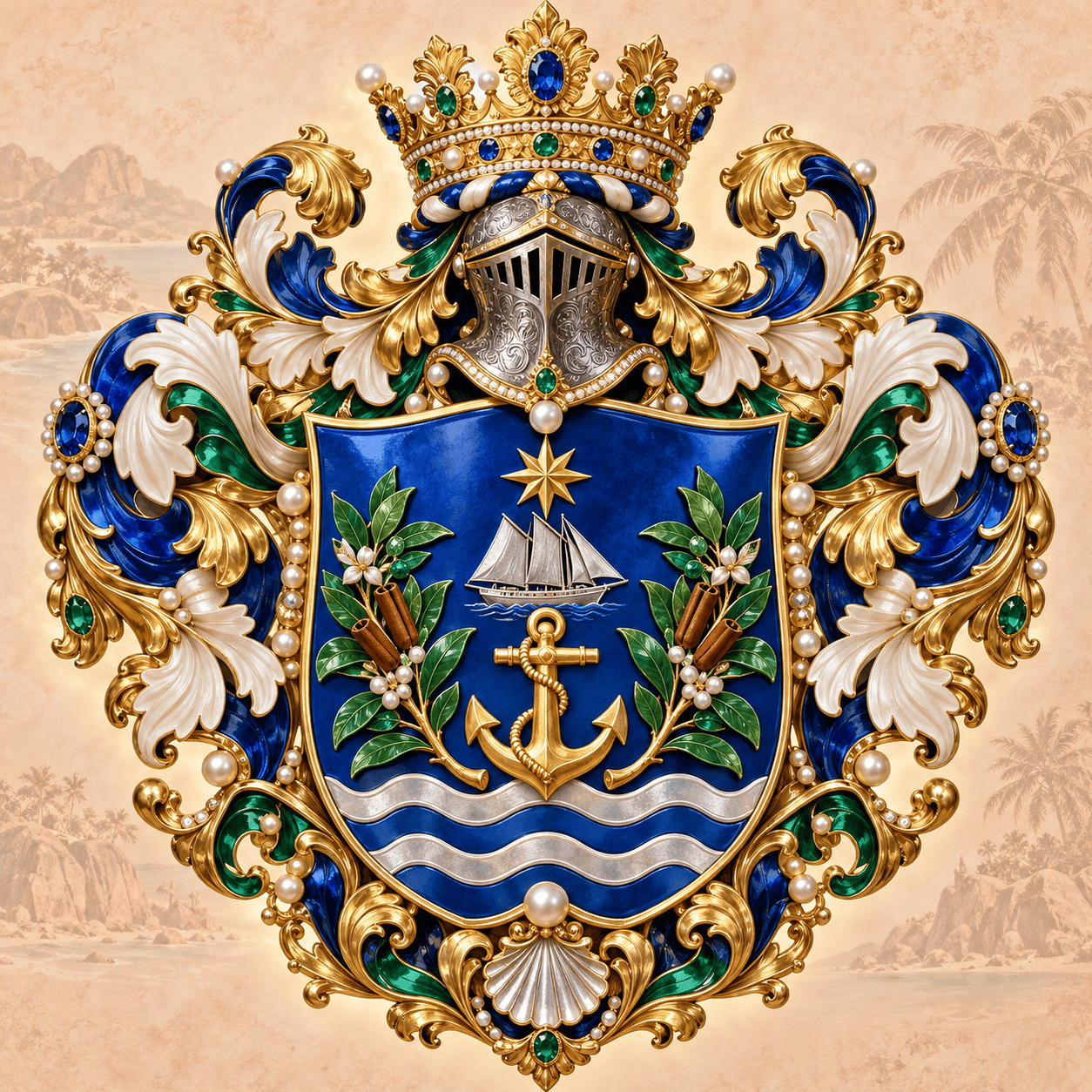 Wappen mit Krone, Helm, Schild, Segelschiff, Anker und Wellen.