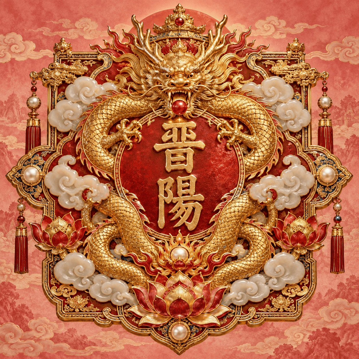 Goldener Drache auf rotem Schild mit chinesischen Schriftzeichen, umgeben von Wolken und Lotusblumen.
