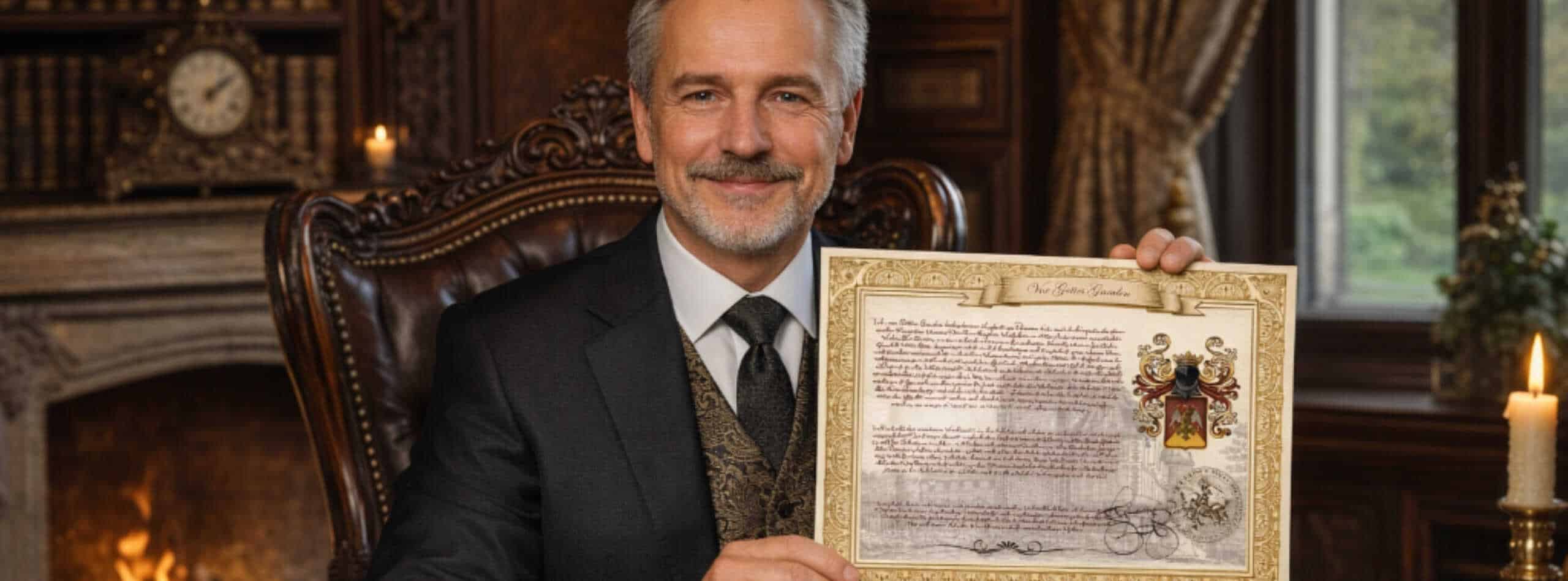 Mann im Anzug hält Urkunde mit Wappen