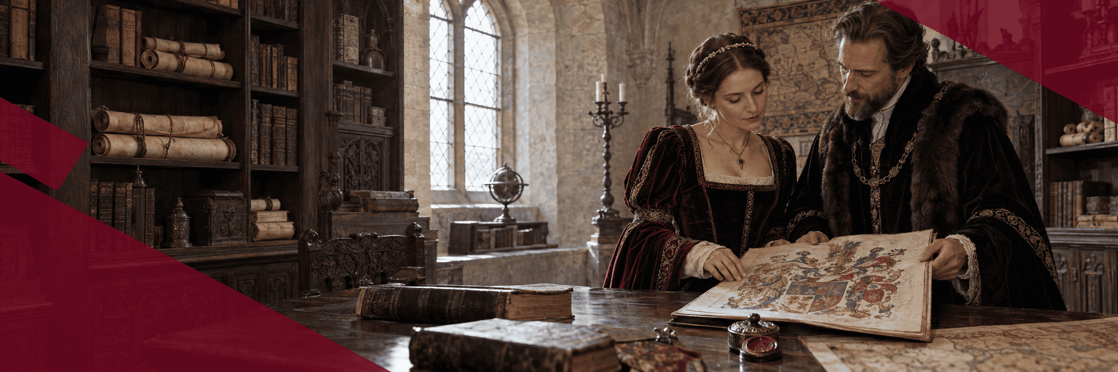 Häufige Fragen 1 Königspaar studiert historische Karte in prunkvoller Bibliothek