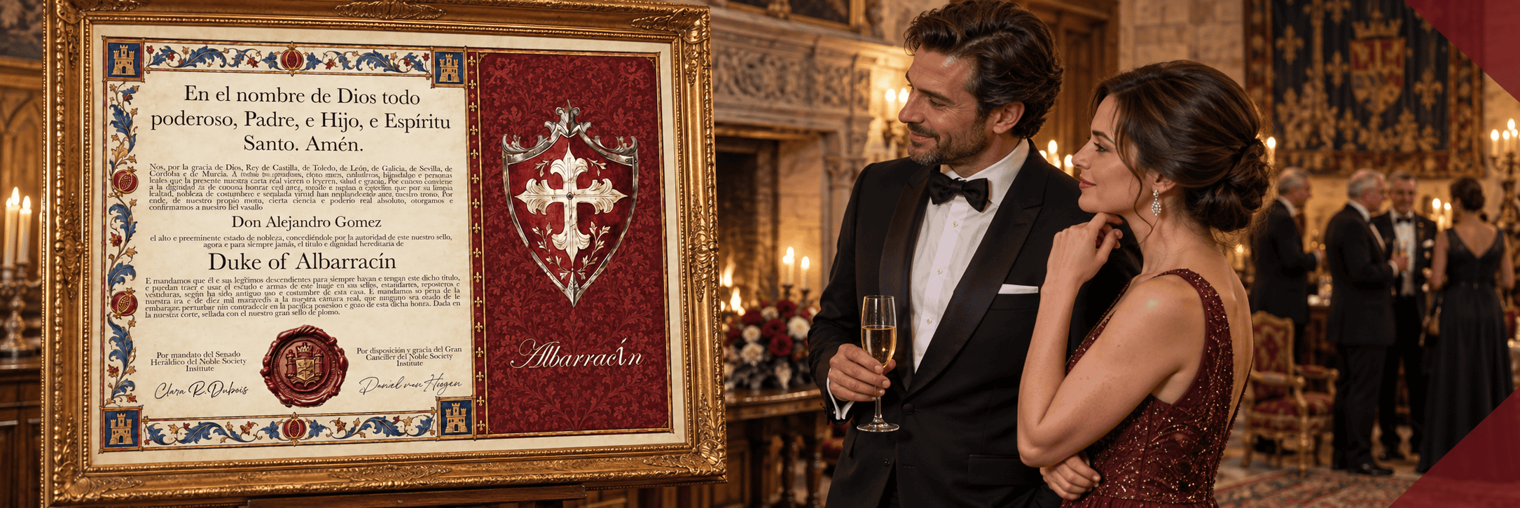 Elegantes Paar betrachtet Urkunde mit Wappen und Text über Adelstitel