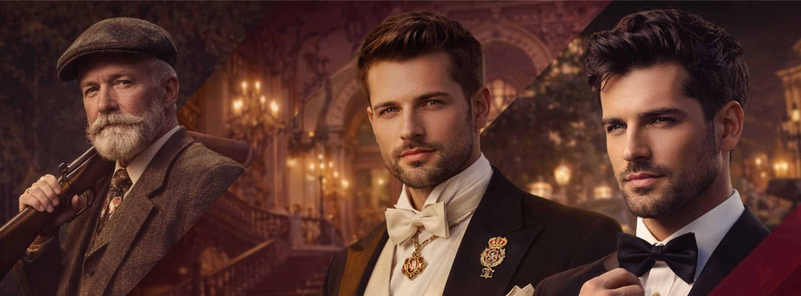 Drei Männer in eleganter Kleidung, die Adelstitel repräsentieren.
