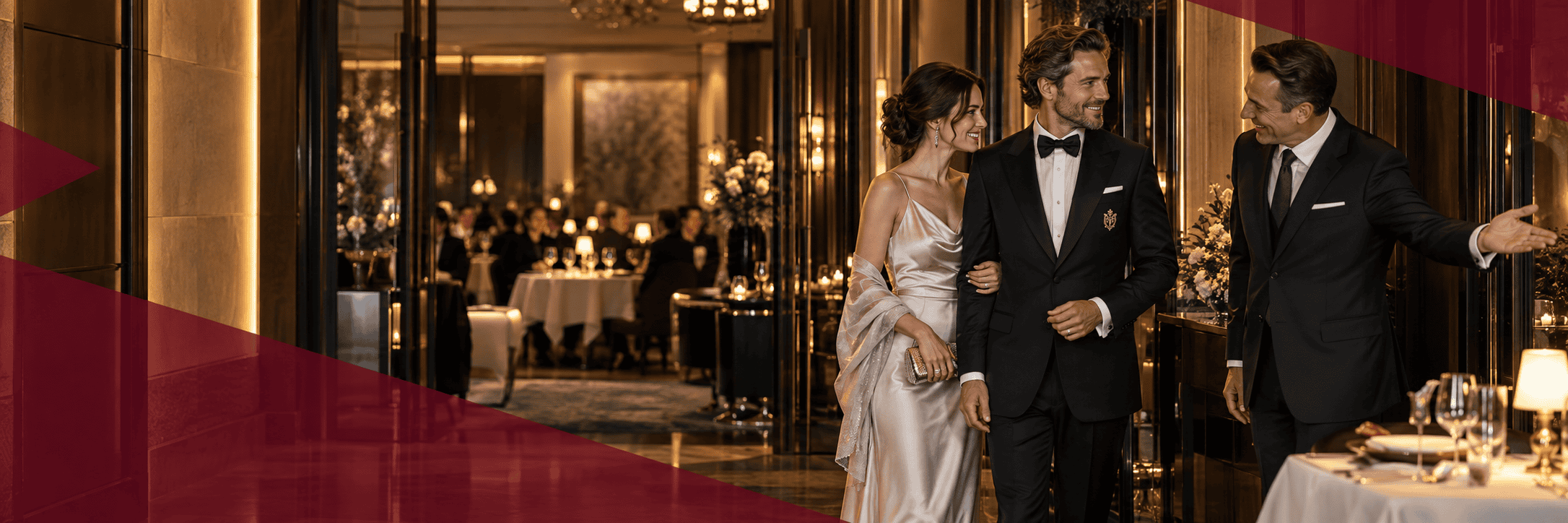 Elegantes Paar in Abendgarderobe schreitet durch luxuriöses Restaurant