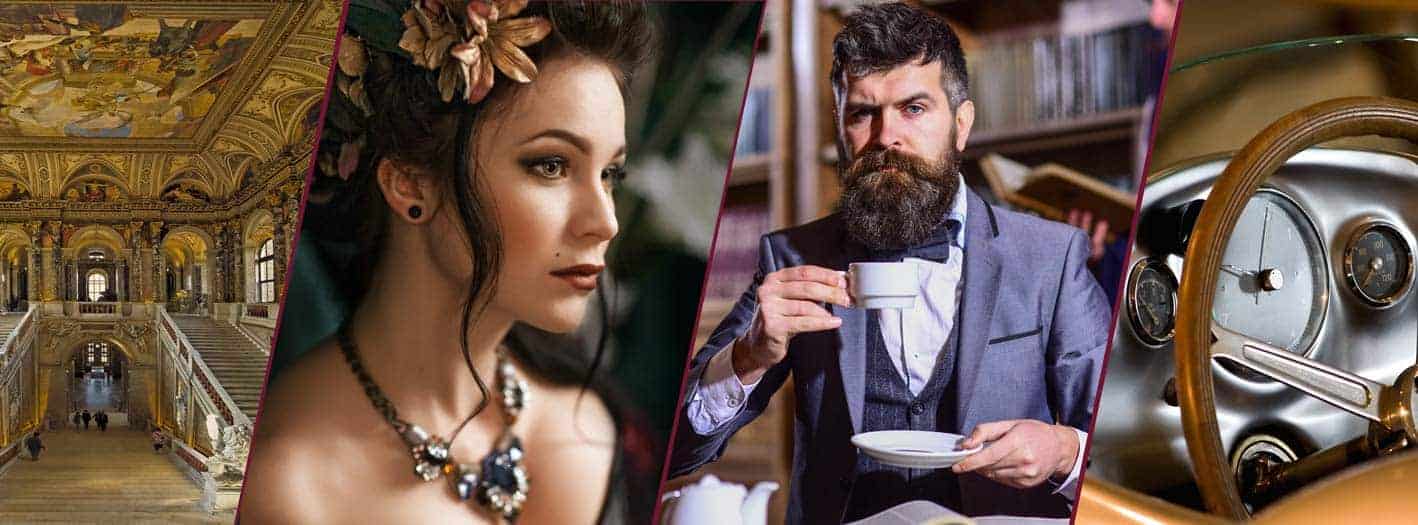 Mann mit Bart trinkt Kaffee vor Bücherregalen, Frau mit Schmuck, Treppenhaus