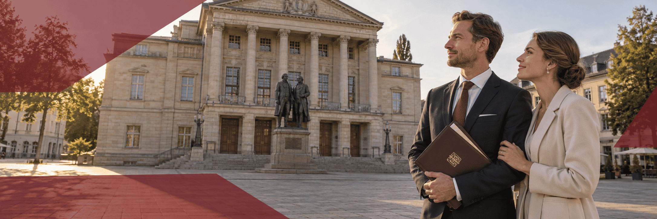 Paar vor klassizistischem Gebäude mit Säulen und Denkmal.