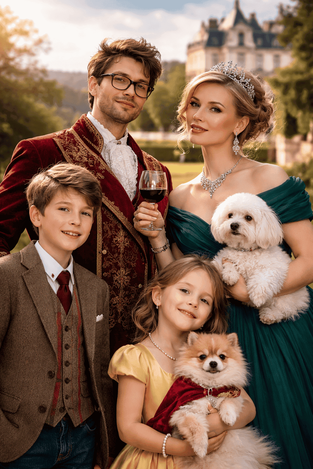 Adelsfamilie mit Hunden vor Schloss