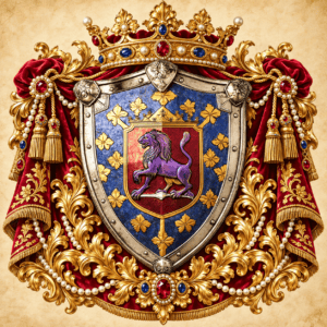 Barón de Saldaña Wappen mit Löwen und Krone, reich verziert