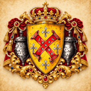 Wappen mit Krone, Helmen und roten Bändern auf gelbem Schild.