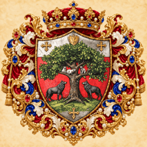Wappen mit Baum, Wölfen und Lämmern, gekrönt mit königlicher Krone