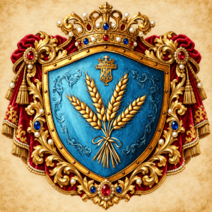 Blaues Wappen mit goldenen Ähren, Krone und königlichen Verzierungen