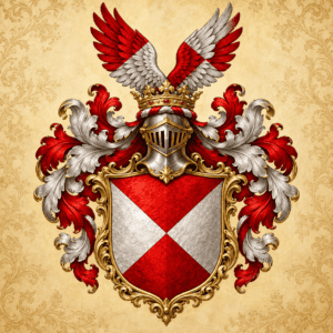 Wappen mit Helm, Flügeln und Krone, symbolisiert Adelstitel und Ehre.