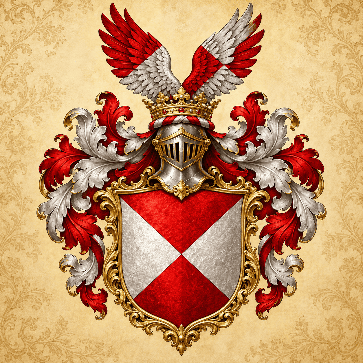 Wappen mit Helm, Krone und Flügeln im Stil des Grafen zu Paulsdorf.
