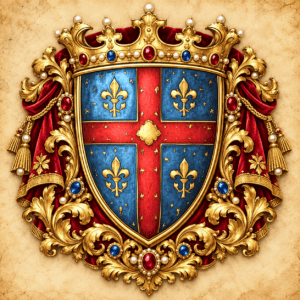 Wappen des Conde de Prades mit Krone und roten Samtvorhängen