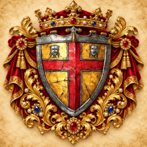 Königliches Wappen mit Krone und Juwelen auf Pergament