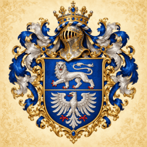 Wappen mit Löwe und Adler, königlicher Helm, goldene und blaue Ornamente.