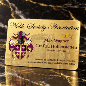Goldene Mitgliedskarte der Noble Society Association mit Wappen und Namen Max Wagner