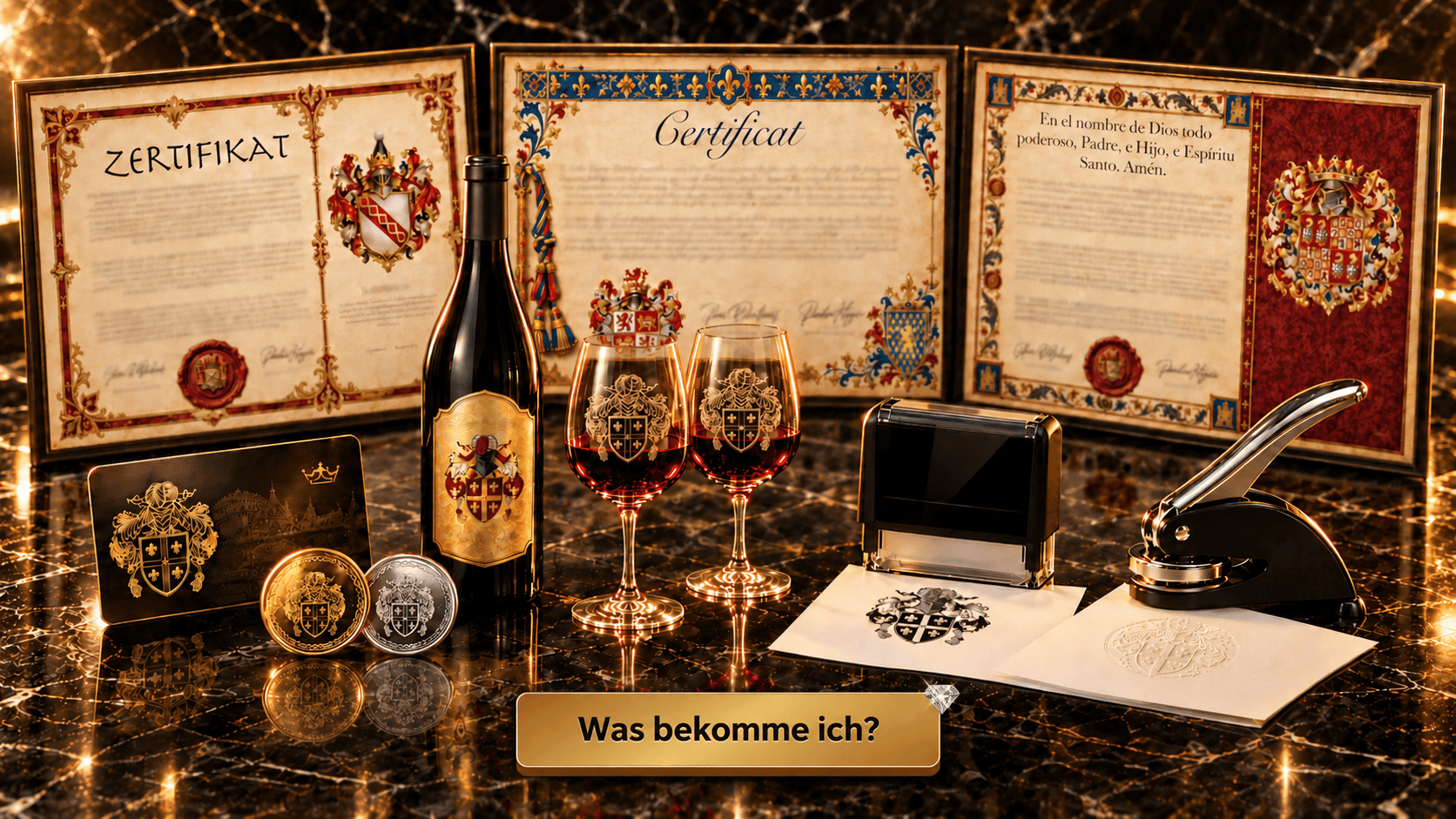 Flasche Wein, Gläser, Siegel, Münzen und Urkunden mit Wappen