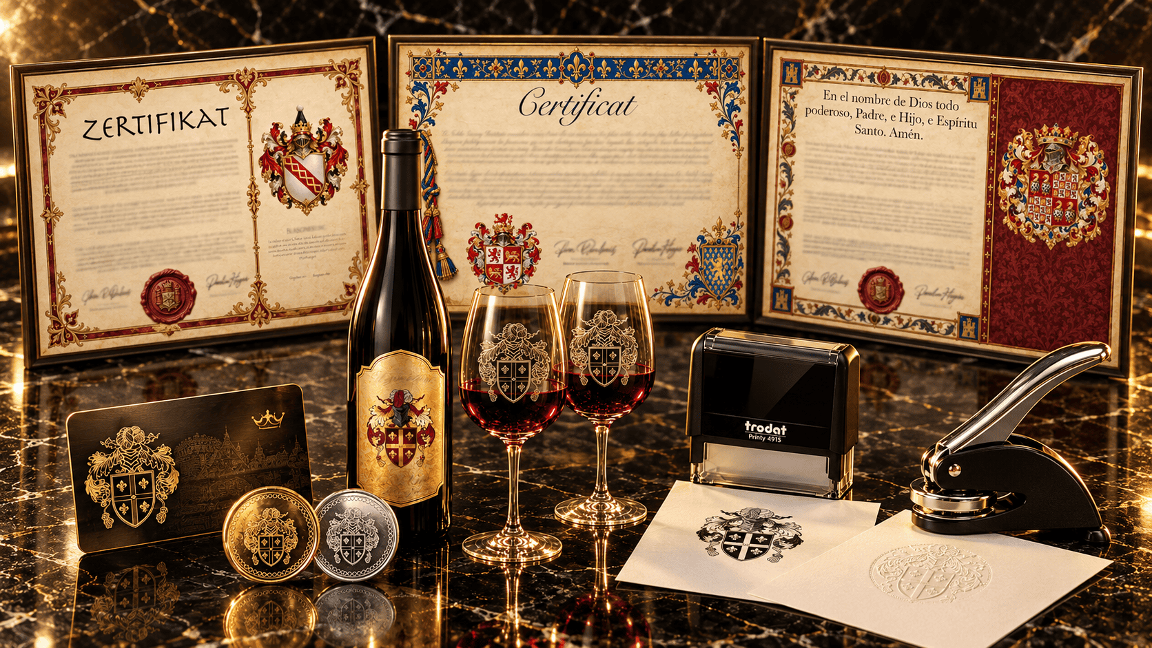 Was bekomme ich? 1 Zertifikate, Wein, Gläser, Stempel und Münzen mit Wappen