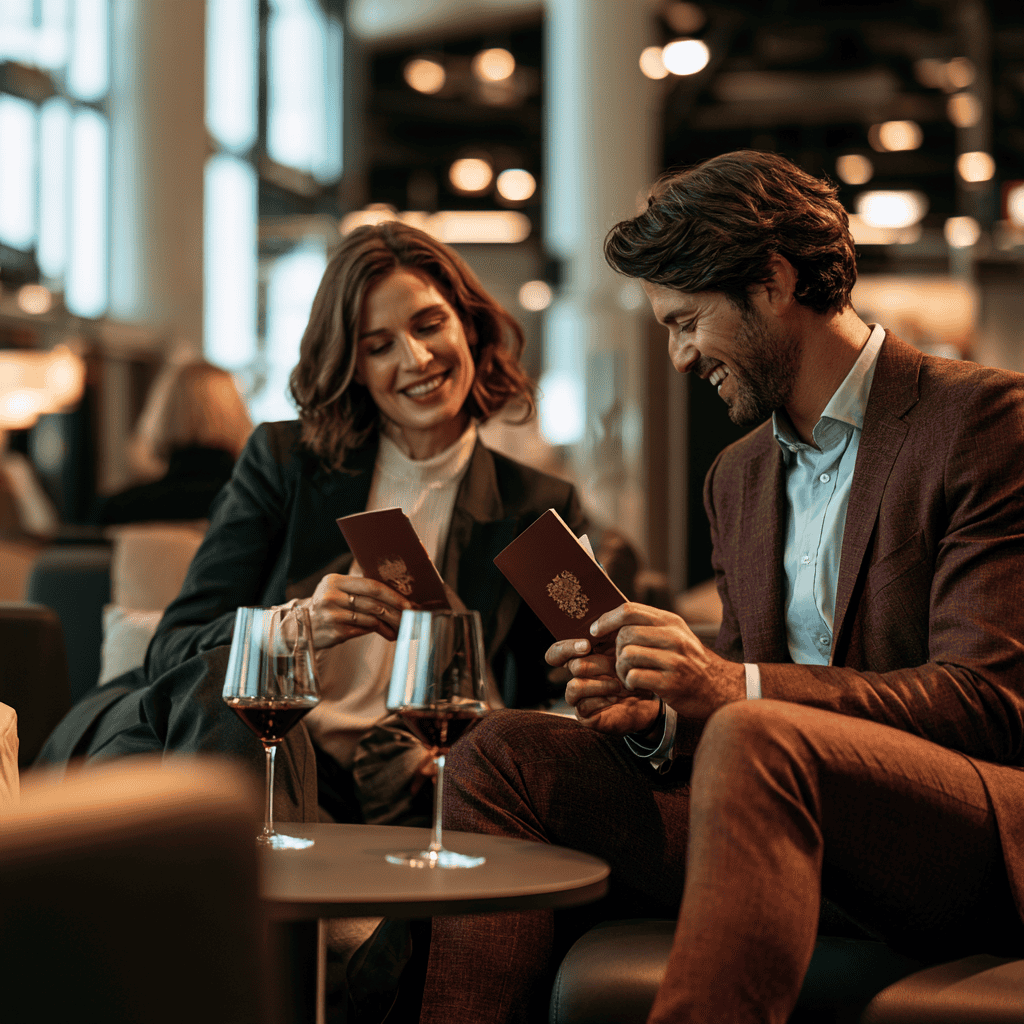 Mann und Frau mit Reisepässen und Weingläsern in Lounge