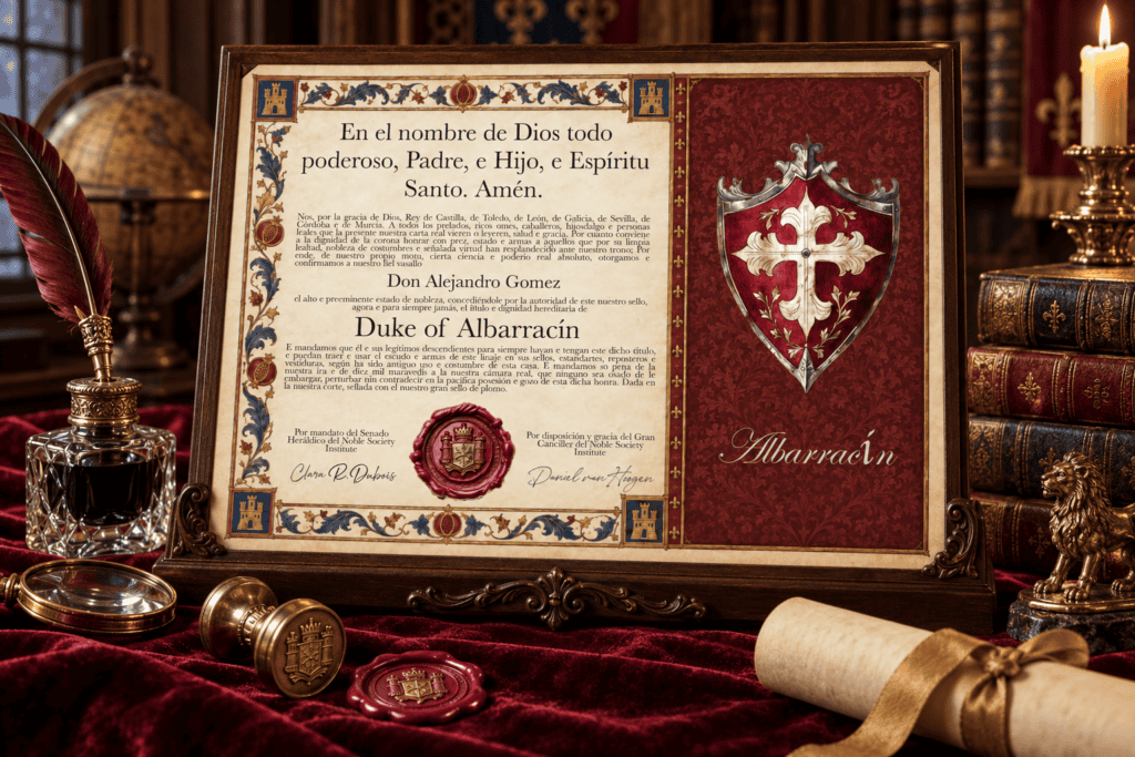 Urkunde "Duke of Albarracín" mit Wappen und Siegel, auf einem Tisch mit Federkiel und Büchern.